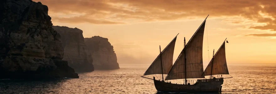 Silhouette d'une caravelle portugaise voguant au large des côtes rocheuses au soleil couchant, symbole du siècle d'or des découvertes