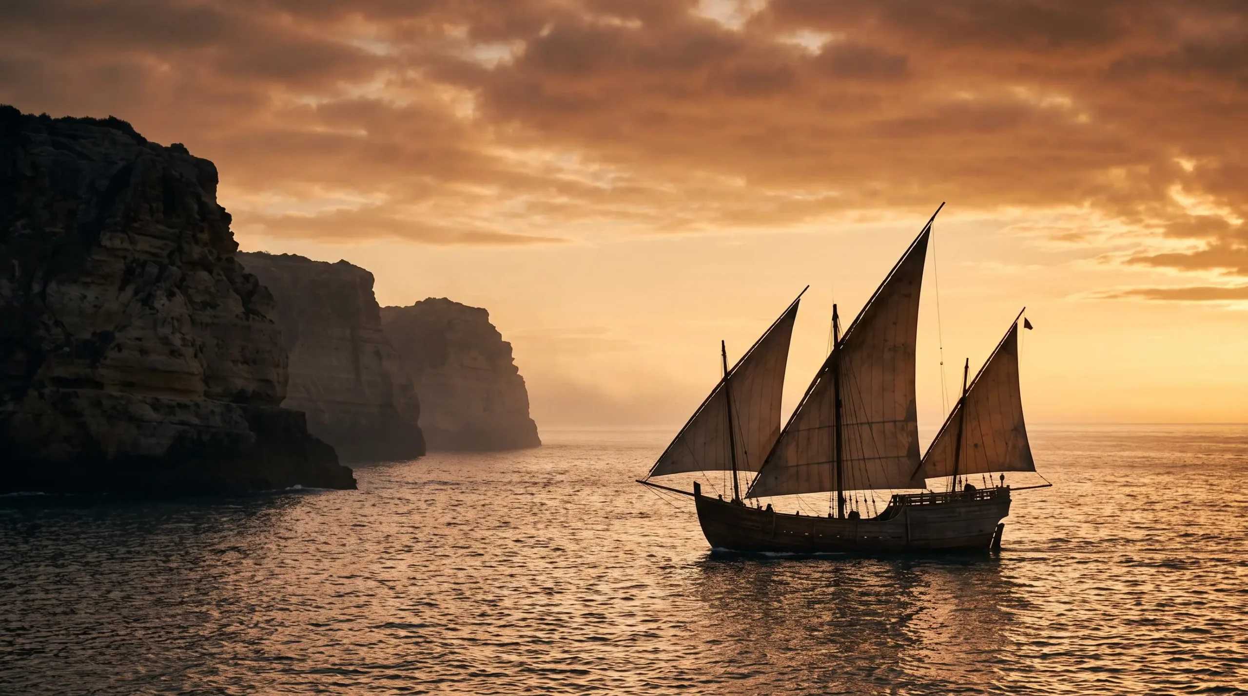 Silhouette d'une caravelle portugaise voguant au large des côtes rocheuses au soleil couchant, symbole du siècle d'or des découvertes