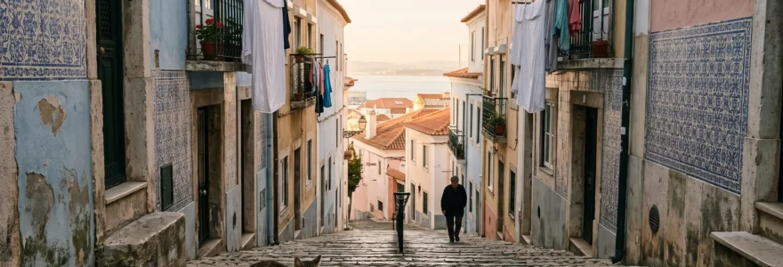 Ruelle pavee et escarpee d'un quartier historique portugais au lever du soleil, facades en azulejos et linge suspendu, sans presence touristique visible