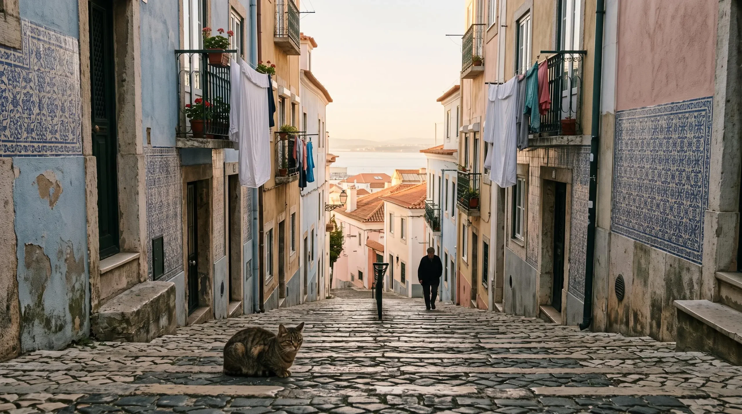 Ruelle pavee et escarpee d'un quartier historique portugais au lever du soleil, facades en azulejos et linge suspendu, sans presence touristique visible