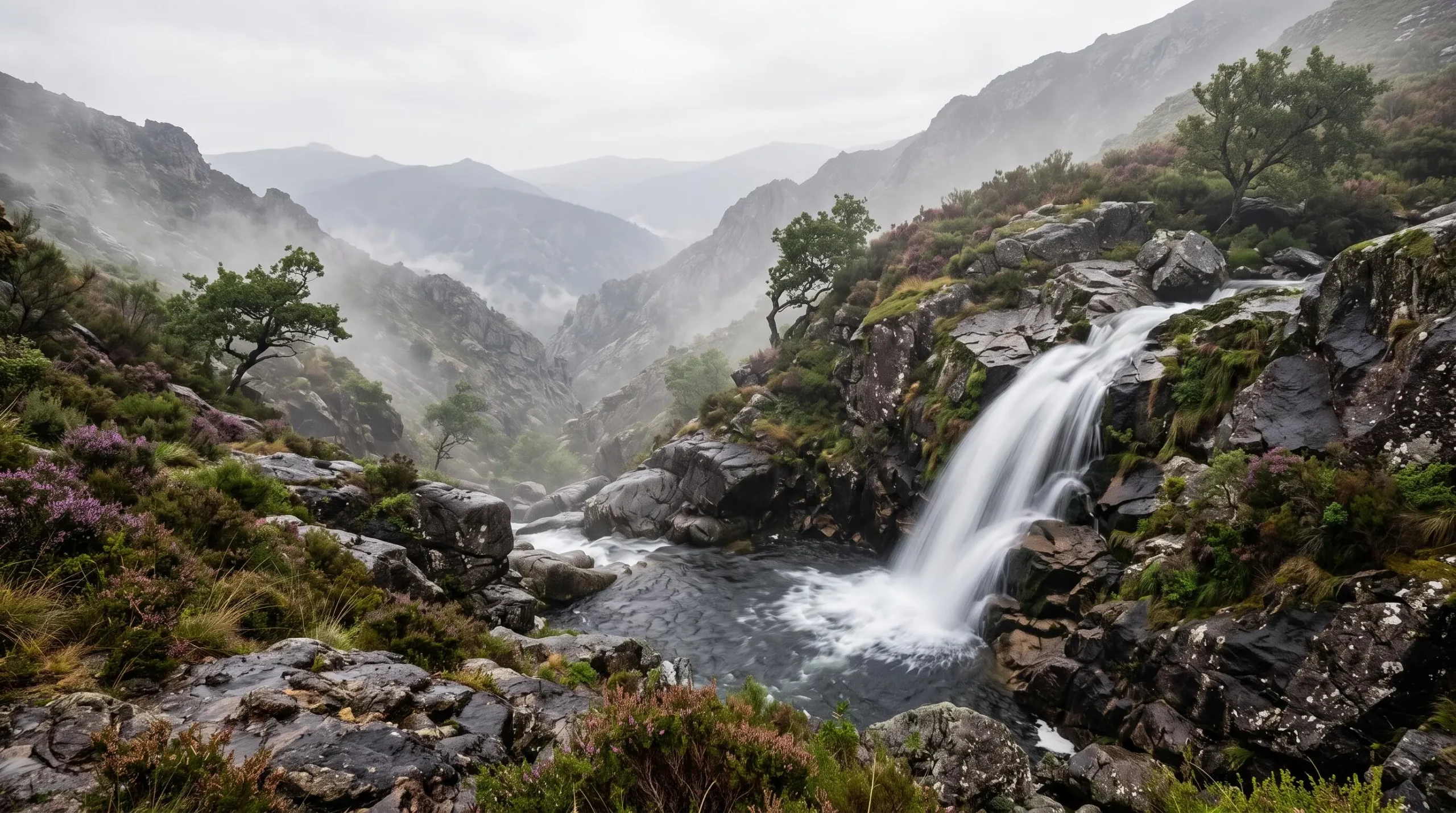 Cascade sauvage dévalant des rochers de granit dans un paysage de montagne brumeux du nord du Portugal