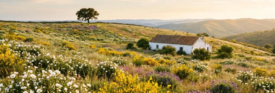 Vaste champ de fleurs sauvages colorées au Portugal avec un paysage vallonné et une bâtisse traditionnelle en arrière-plan