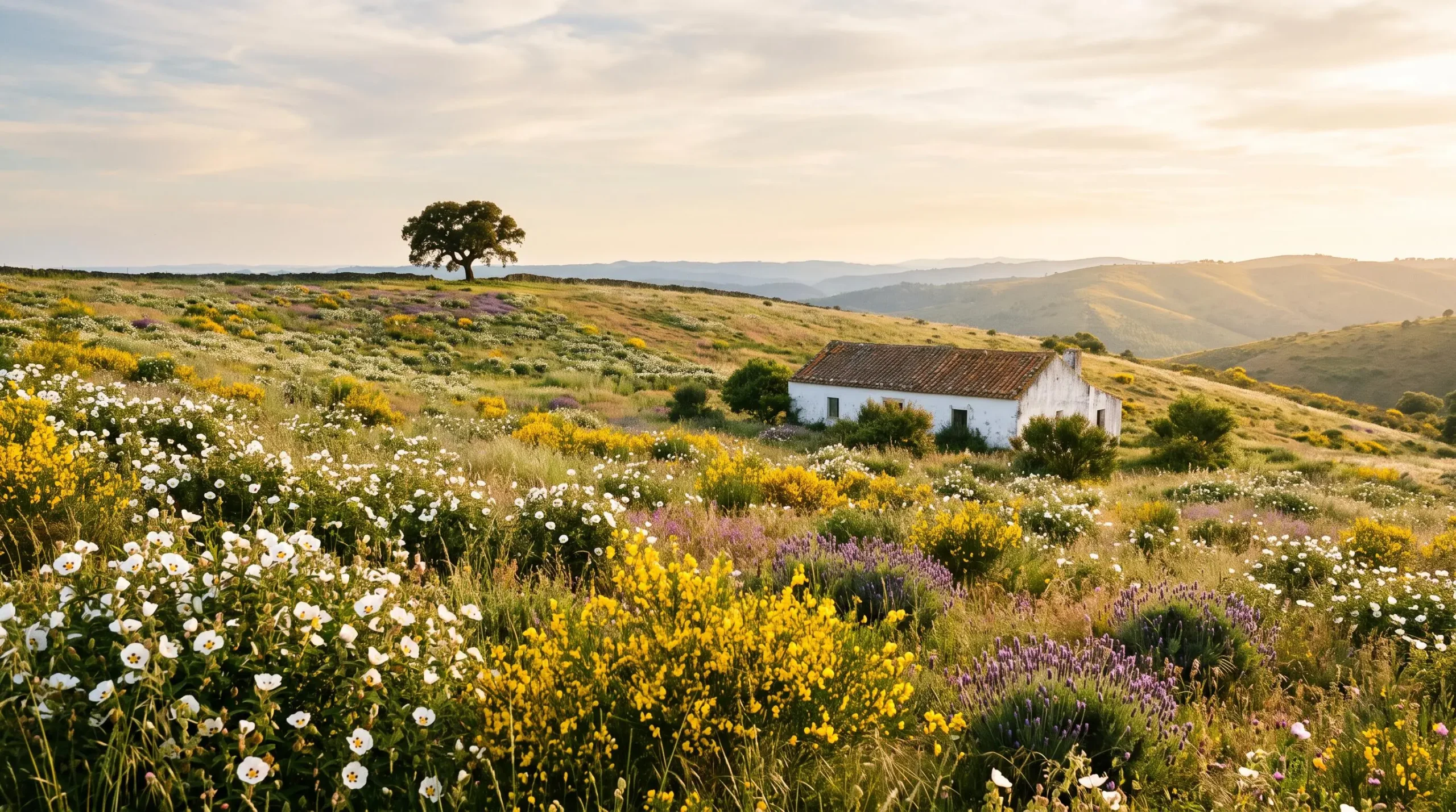 Vaste champ de fleurs sauvages colorées au Portugal avec un paysage vallonné et une bâtisse traditionnelle en arrière-plan