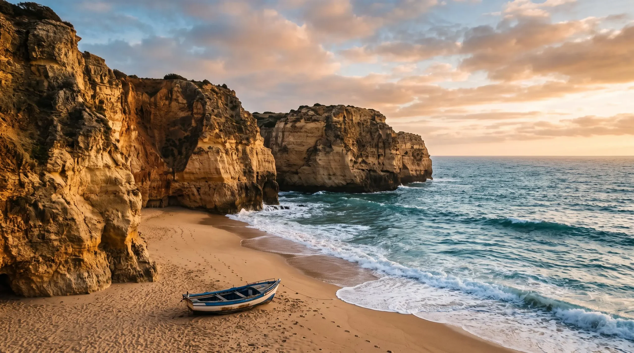 Vue panoramique d'une plage sauvage du Portugal bordée de falaises dorées au coucher du soleil