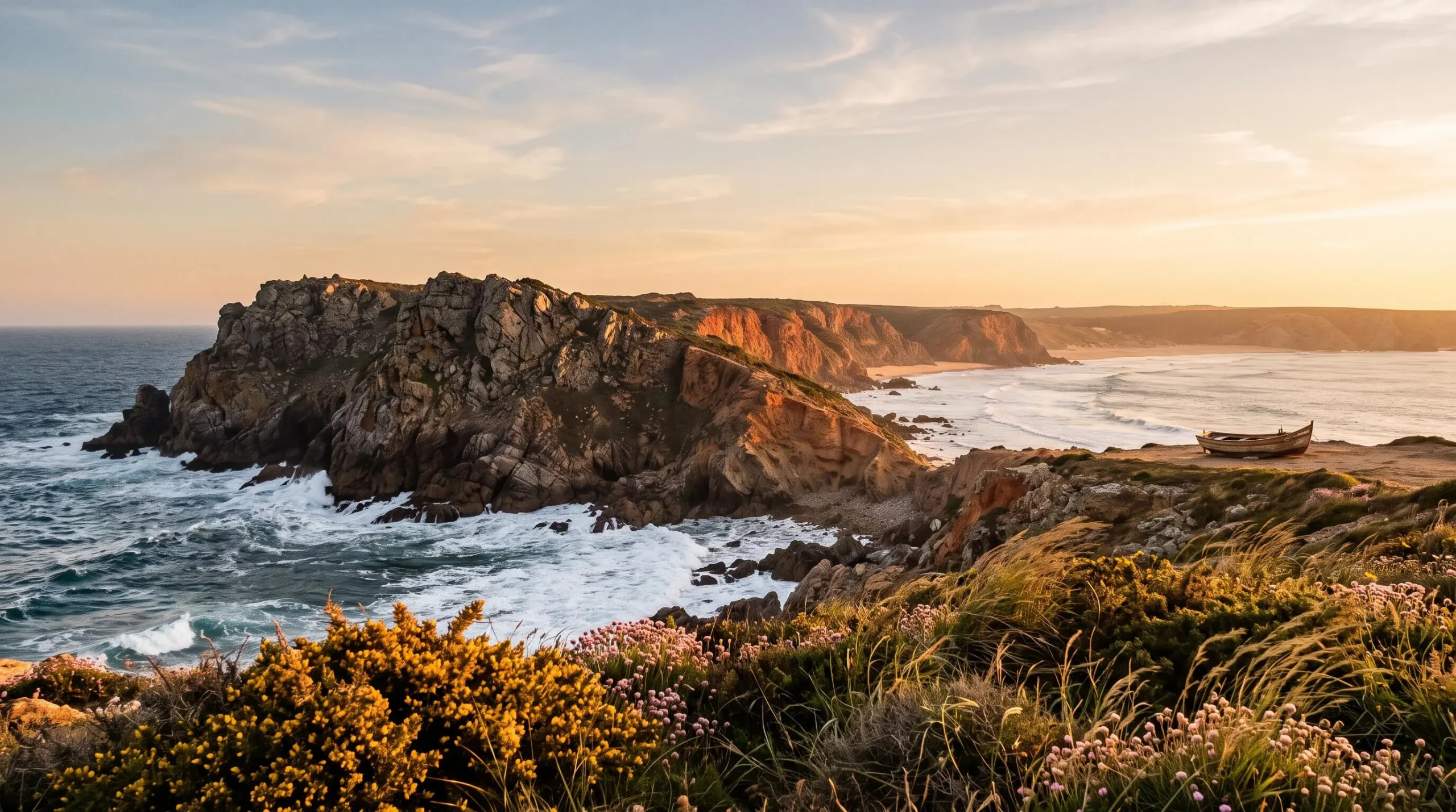 Vue panoramique sur une falaise sauvage de la côte atlantique portugaise avec l'océan à perte de vue