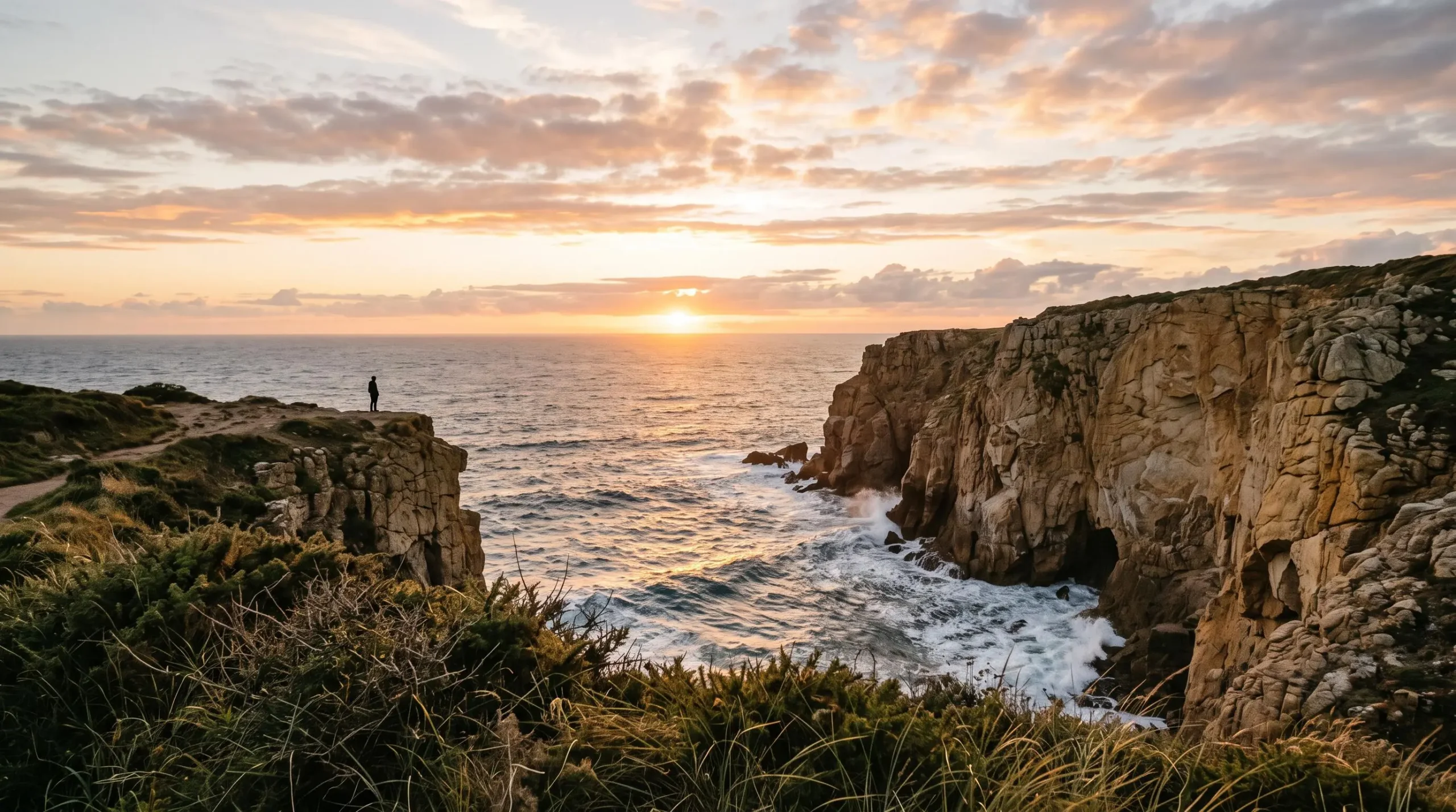Silhouette d'un promeneur face à un coucher de soleil embrasant les falaises de la côte portugaise