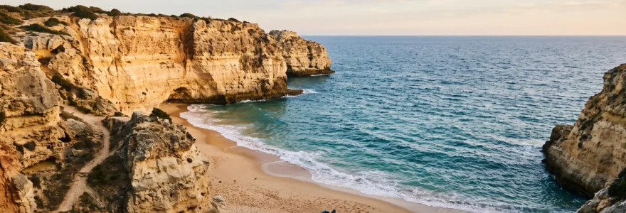 Une crique isolée du littoral portugais encadrée de hautes falaises dorées face à l'océan Atlantique, loin des stations balnéaires bétonnées