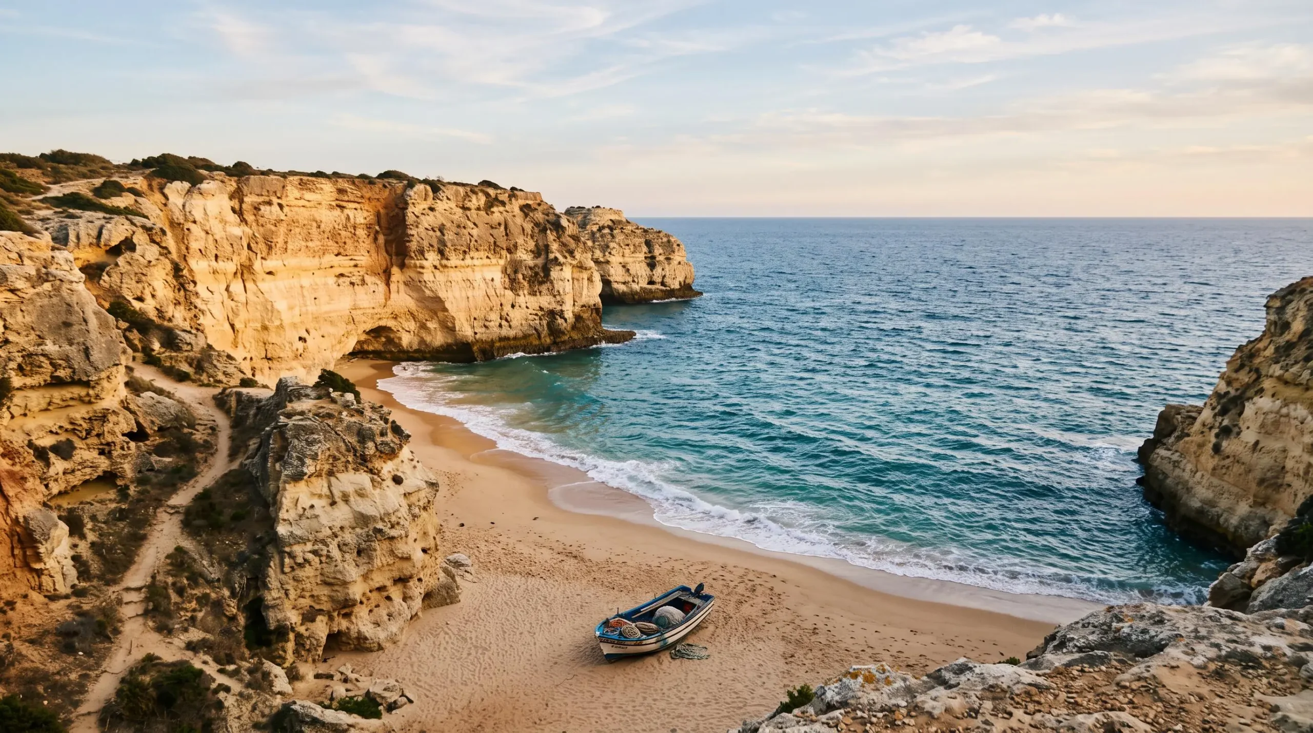 Une crique isolée du littoral portugais encadrée de hautes falaises dorées face à l'océan Atlantique, loin des stations balnéaires bétonnées