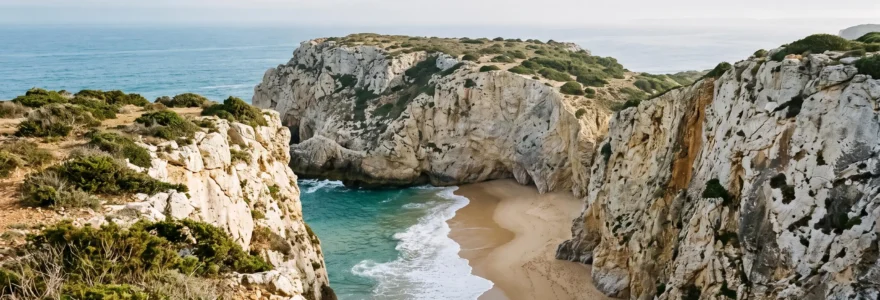Crique sauvage isolée du Portugal encadrée par des falaises, invisible depuis la route