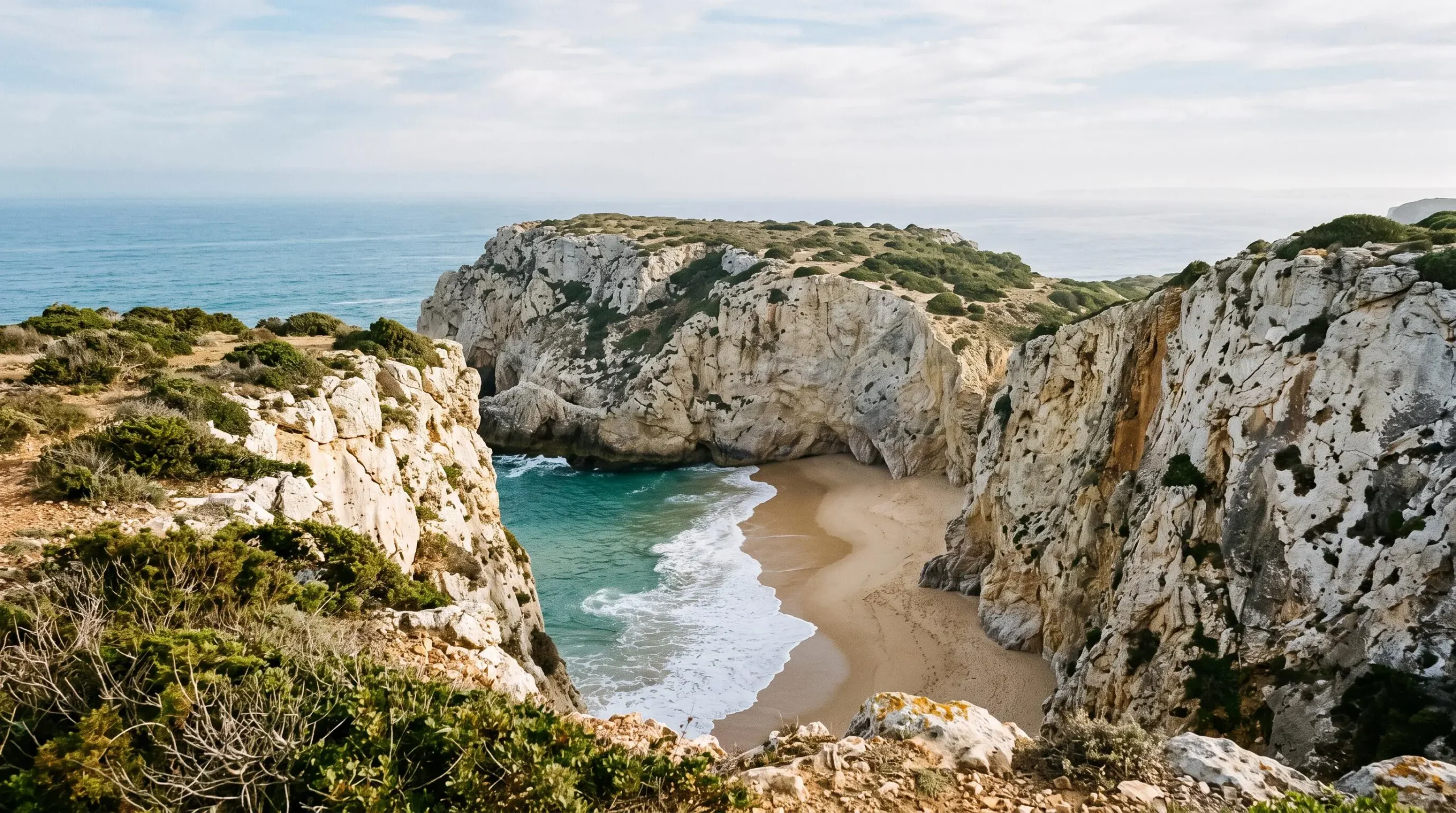 Crique sauvage isolée du Portugal encadrée par des falaises, invisible depuis la route