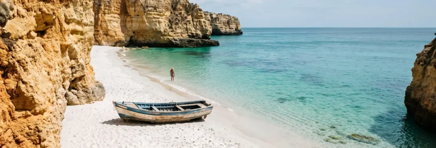 Crique isolée aux eaux turquoise bordée de falaises calcaires sur la côte atlantique du Portugal