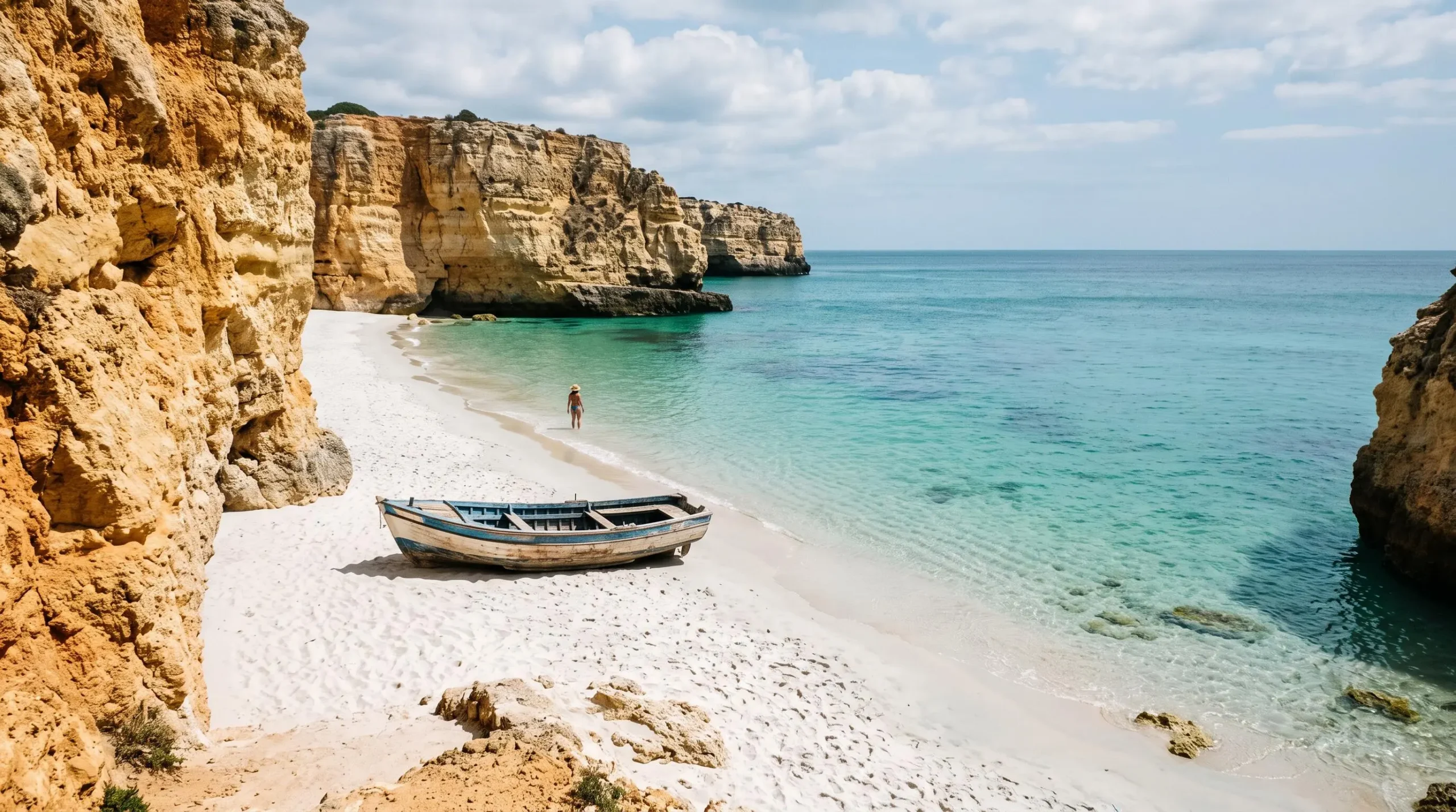 Crique isolée aux eaux turquoise bordée de falaises calcaires sur la côte atlantique du Portugal