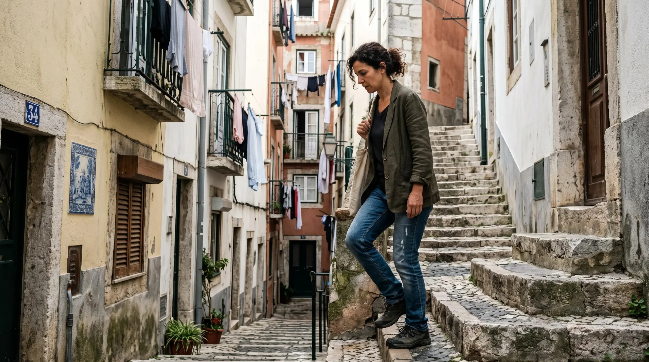Personne montant des escaliers étroits dans une ruelle d'Alfama à Lisbonne