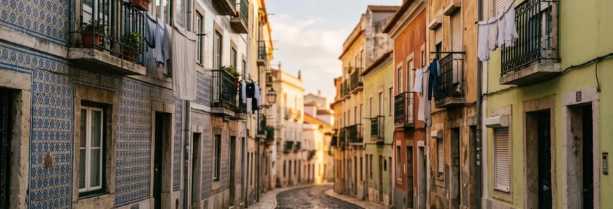Ruelle portugaise typique avec des facades couvertes d'azulejos bleus et de murs ocre sous une lumiere doree