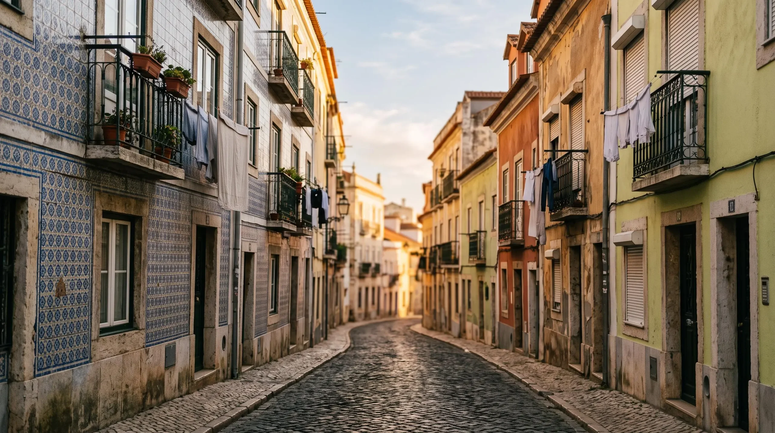 Ruelle portugaise typique avec des facades couvertes d'azulejos bleus et de murs ocre sous une lumiere doree