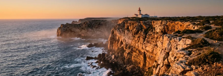 Falaises ocres de la côte atlantique portugaise illuminées par la lumière dorée du coucher de soleil, avec un phare isolé au loin