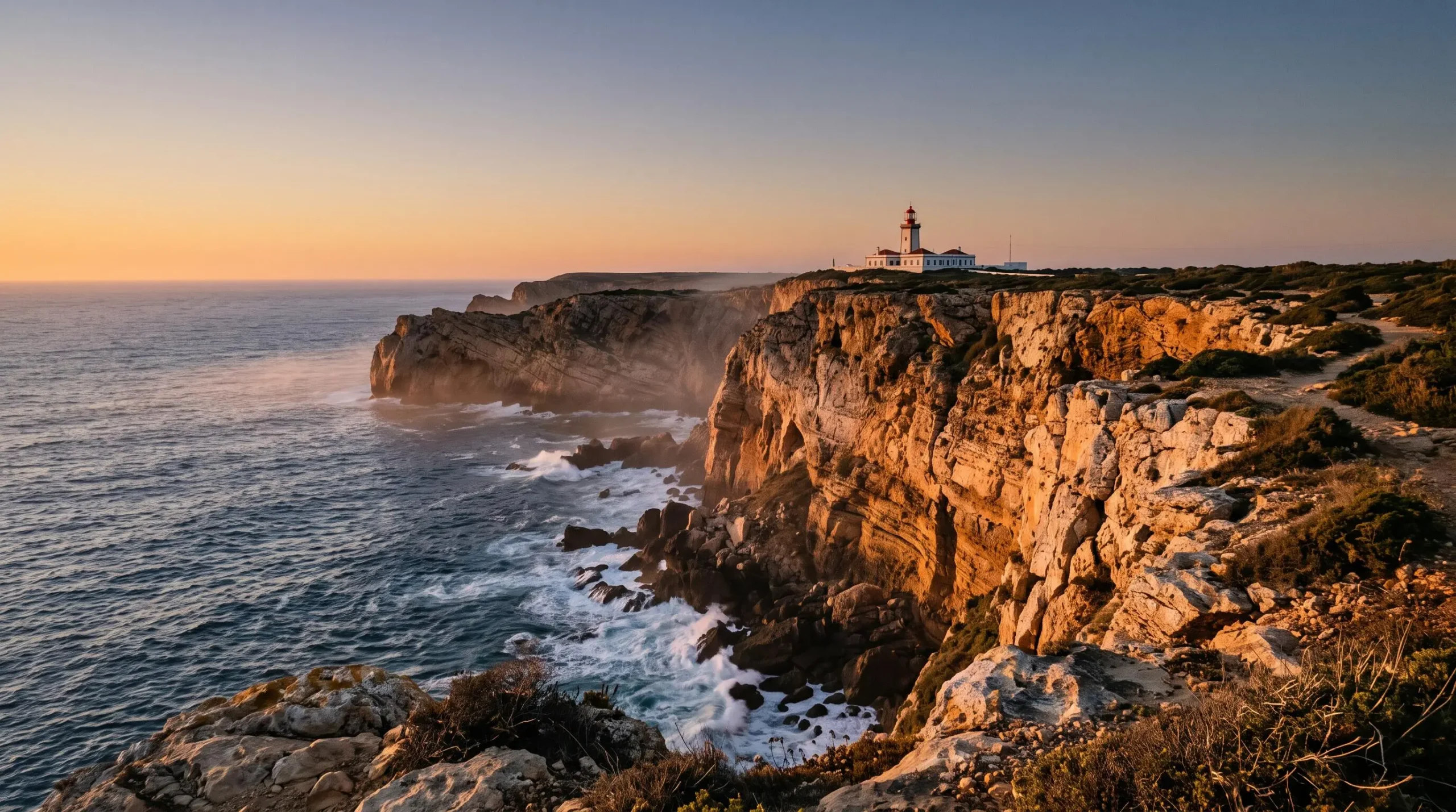 Falaises ocres de la côte atlantique portugaise illuminées par la lumière dorée du coucher de soleil, avec un phare isolé au loin