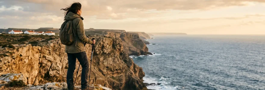 Randonneur contemplant une falaise vertigineuse de la côte portugaise au coucher du soleil