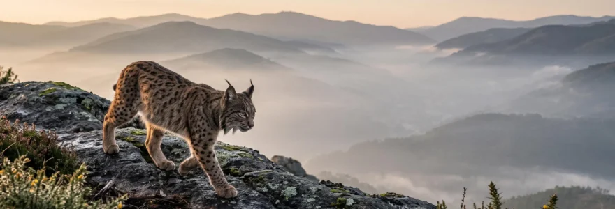 Un lynx ibérique se déplaçant discrètement à l'aube dans un paysage montagneux et brumeux du nord du Portugal