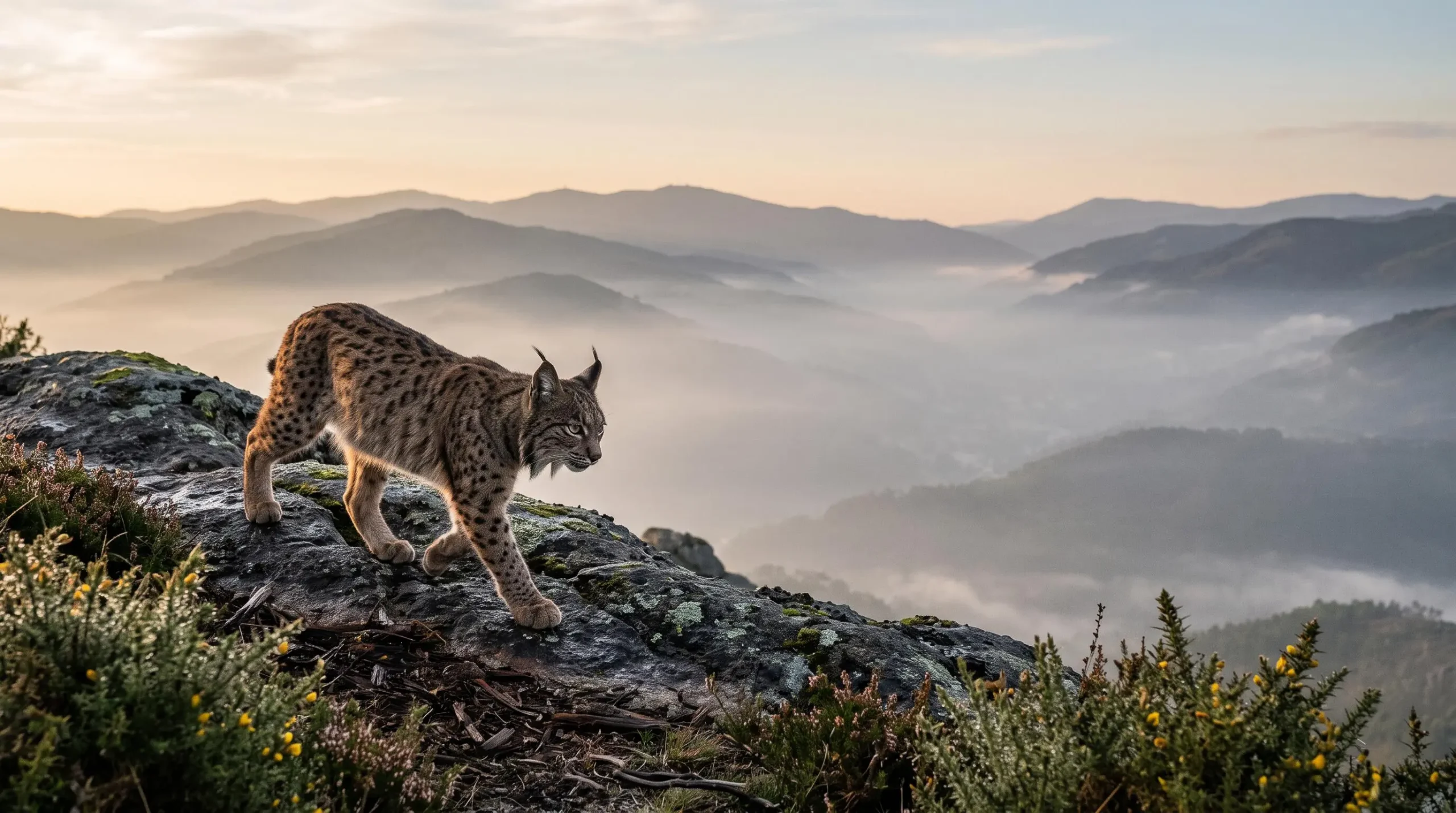 Un lynx ibérique se déplaçant discrètement à l'aube dans un paysage montagneux et brumeux du nord du Portugal