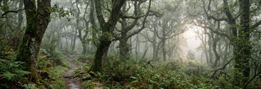 Vue panoramique d'une forêt ancienne et brumeuse au Portugal, symbole de nature intacte et préservée