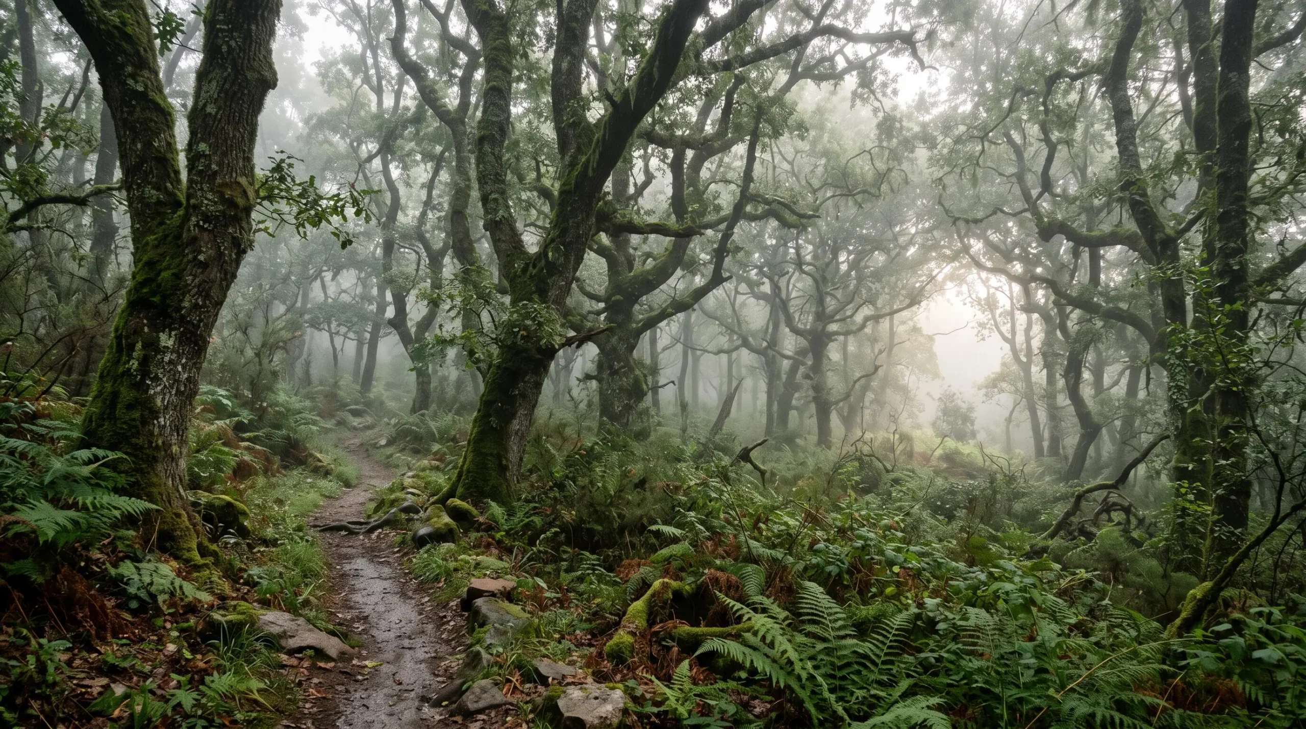 Vue panoramique d'une forêt ancienne et brumeuse au Portugal, symbole de nature intacte et préservée
