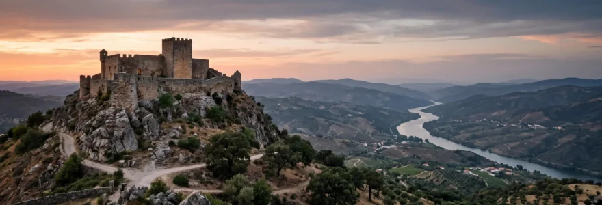 Silhouette d'une forteresse médiévale portugaise perchée sur une colline granitique au crépuscule, dominant une vallée fluviale
