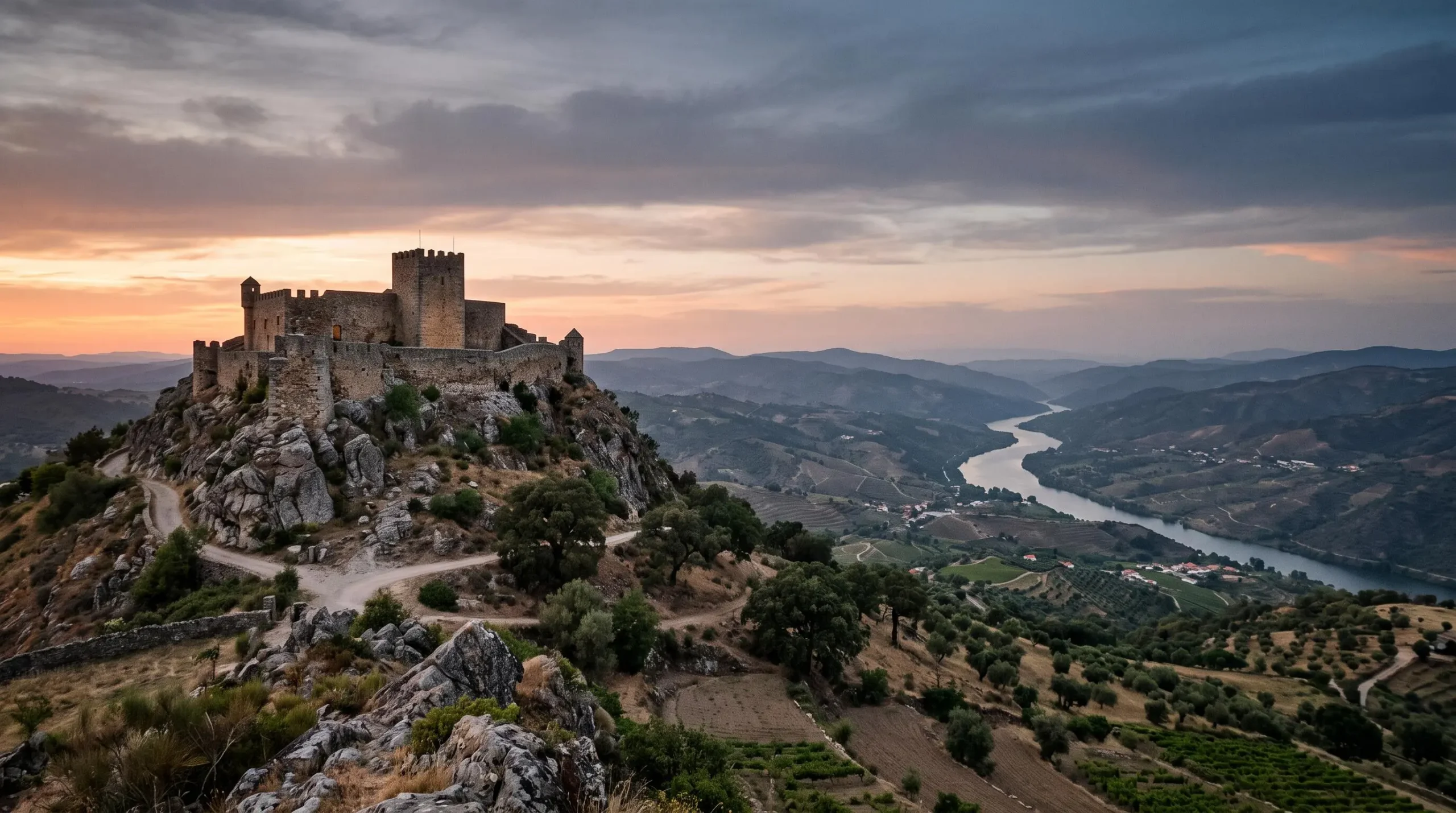Silhouette d'une forteresse médiévale portugaise perchée sur une colline granitique au crépuscule, dominant une vallée fluviale