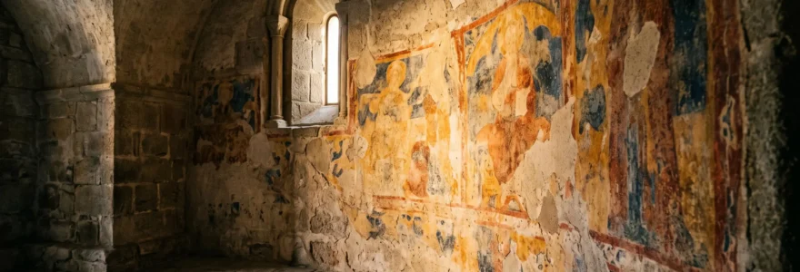 Chapelle portugaise ancienne où la lumière naturelle révèle des fresques murales médiévales aux pigments ocre et bleu