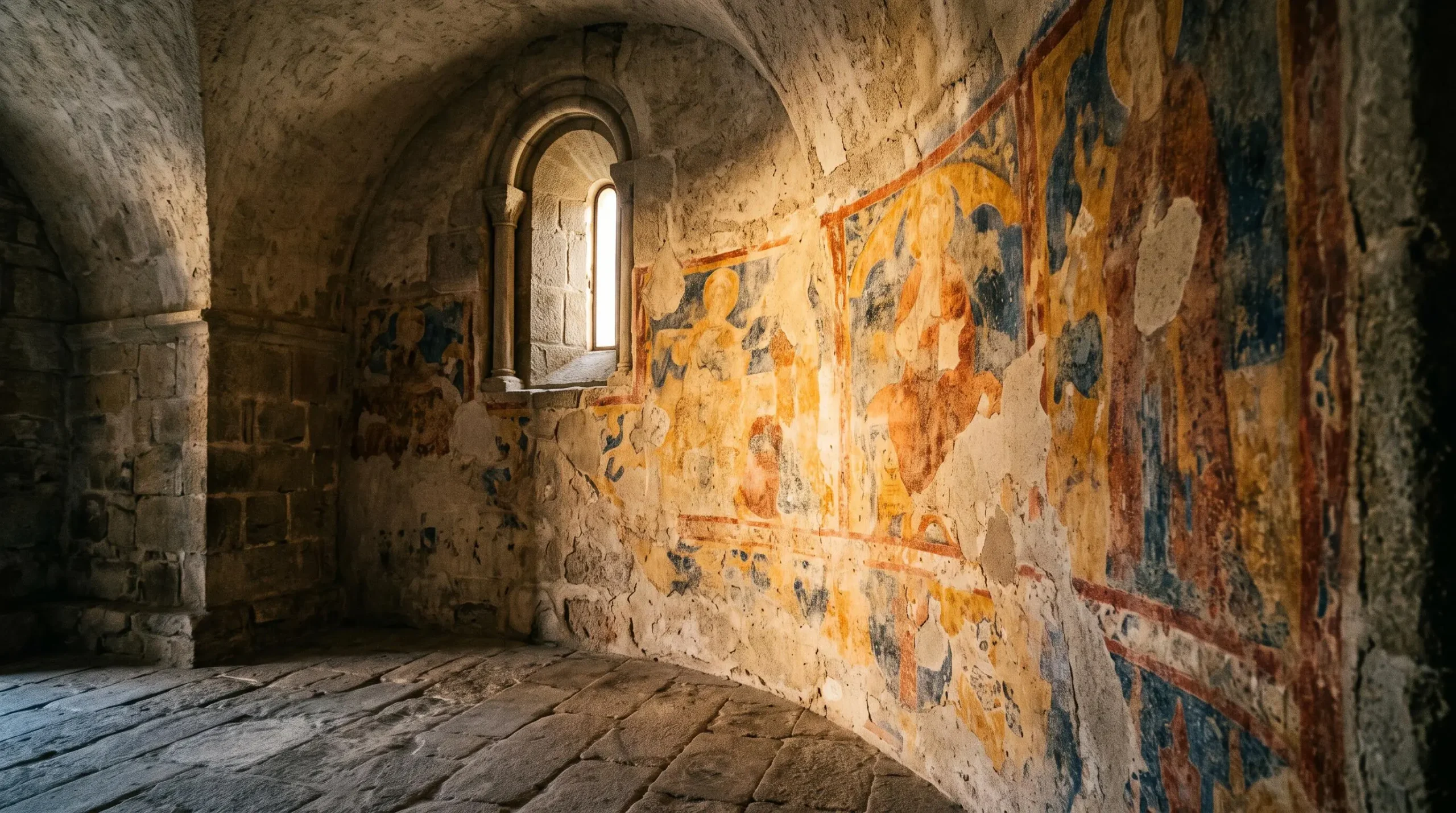 Chapelle portugaise ancienne où la lumière naturelle révèle des fresques murales médiévales aux pigments ocre et bleu