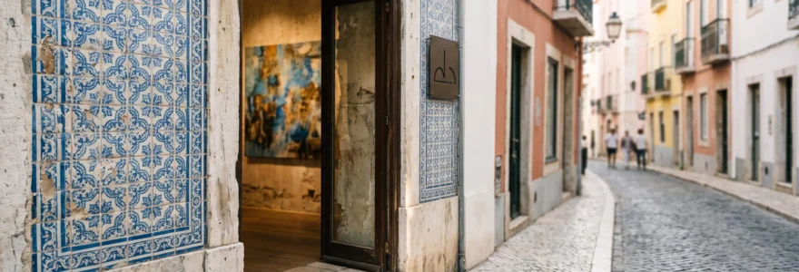 Façade épurée d'une galerie d'art portugaise baignée de lumière naturelle, entre azulejos et art contemporain