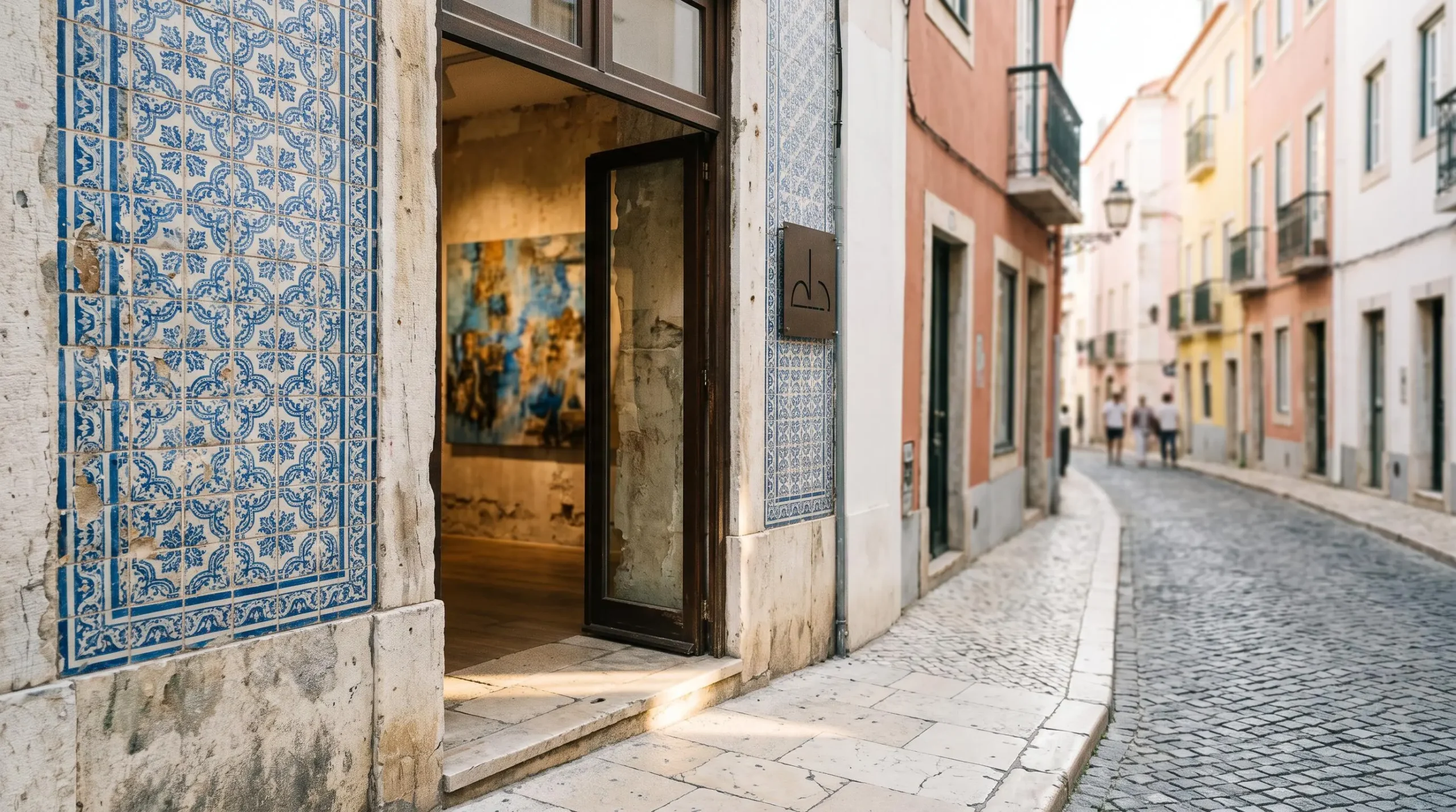 Façade épurée d'une galerie d'art portugaise baignée de lumière naturelle, entre azulejos et art contemporain