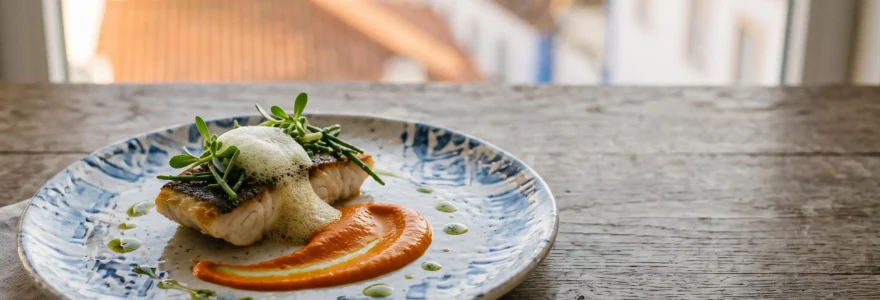 Table gastronomique moderne au Portugal avec assiette créative inspirée de la mer et lumière naturelle