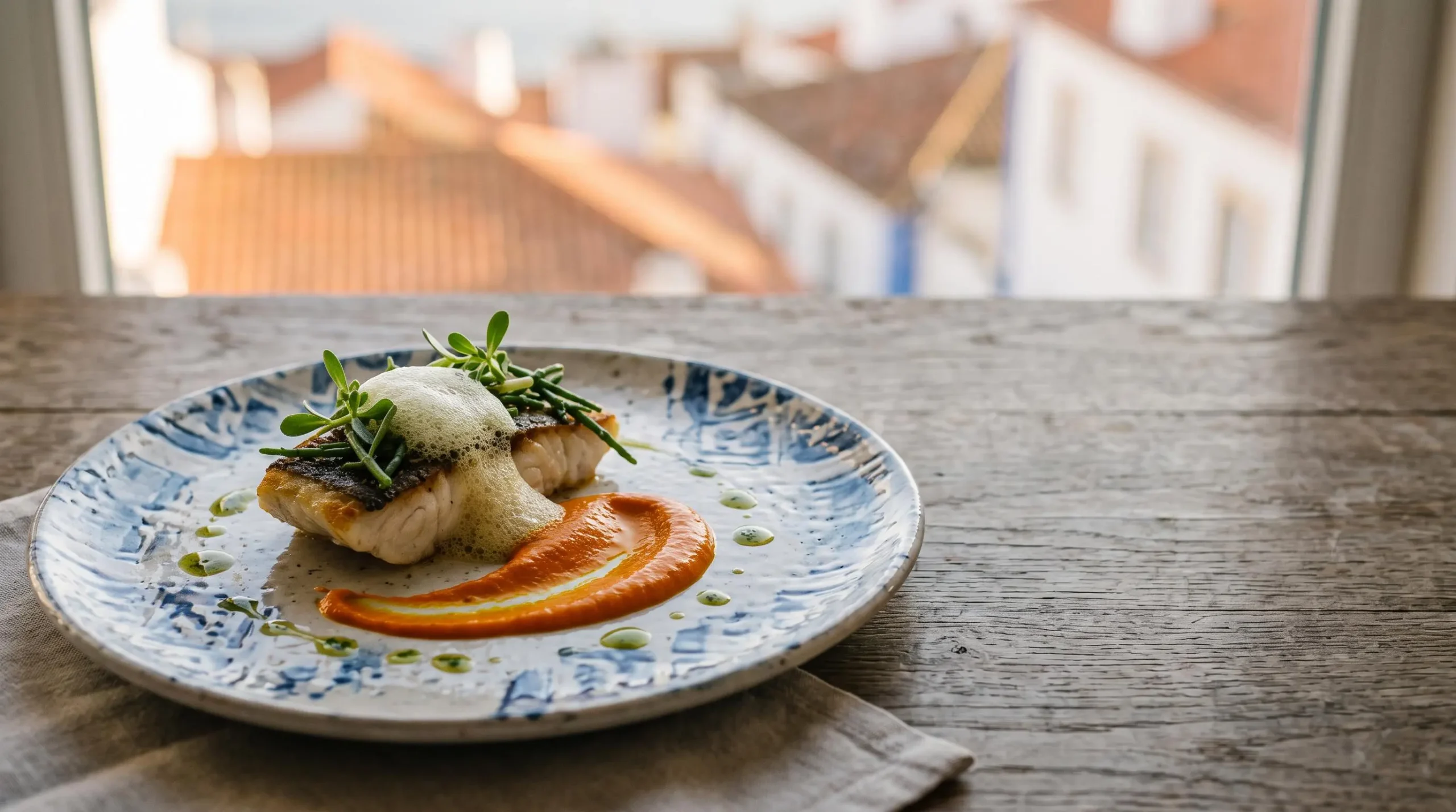 Table gastronomique moderne au Portugal avec assiette créative inspirée de la mer et lumière naturelle