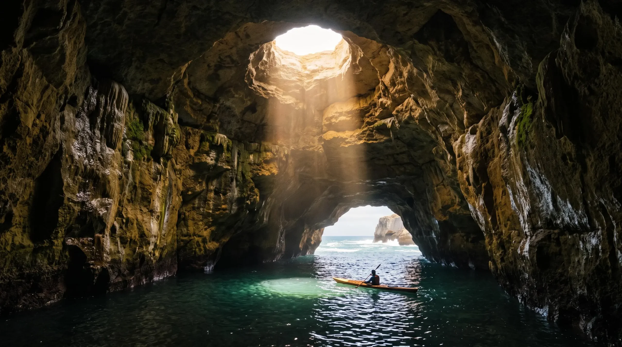Grotte marine portugaise baignée d'une lumière dorée traversant une ouverture circulaire dans la roche calcaire, avec une petite embarcation en contrebas