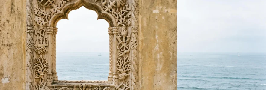 Détail sculpté en pierre calcaire d'une fenêtre de style manuélin baignée de lumière dorée face à l'océan Atlantique