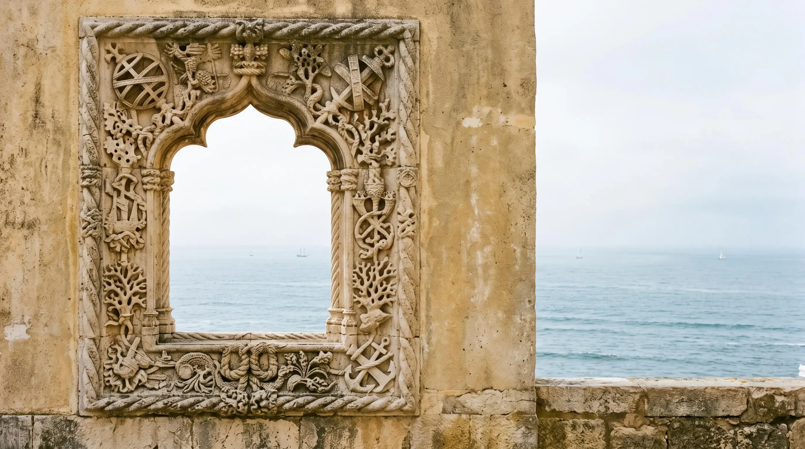 Détail sculpté en pierre calcaire d'une fenêtre de style manuélin baignée de lumière dorée face à l'océan Atlantique