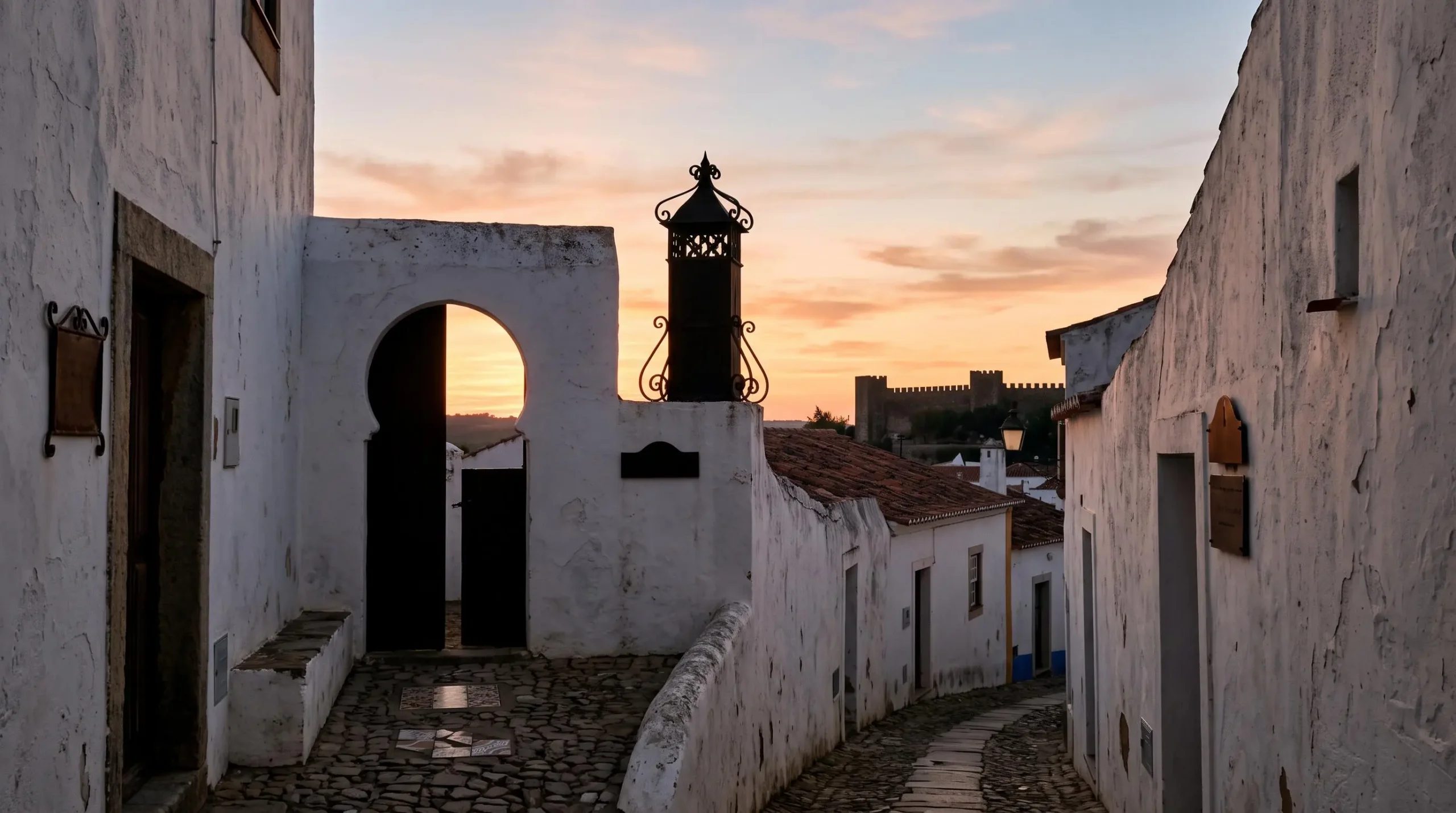 Ruelle blanche typique du sud du Portugal évoquant l'héritage architectural maure, arches et lumière dorée