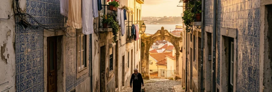 Ruelle typique de l'Alfama à Lisbonne au lever du jour, avec façades couvertes d'azulejos et linge suspendu, incarnant l'authenticité de la culture portugaise