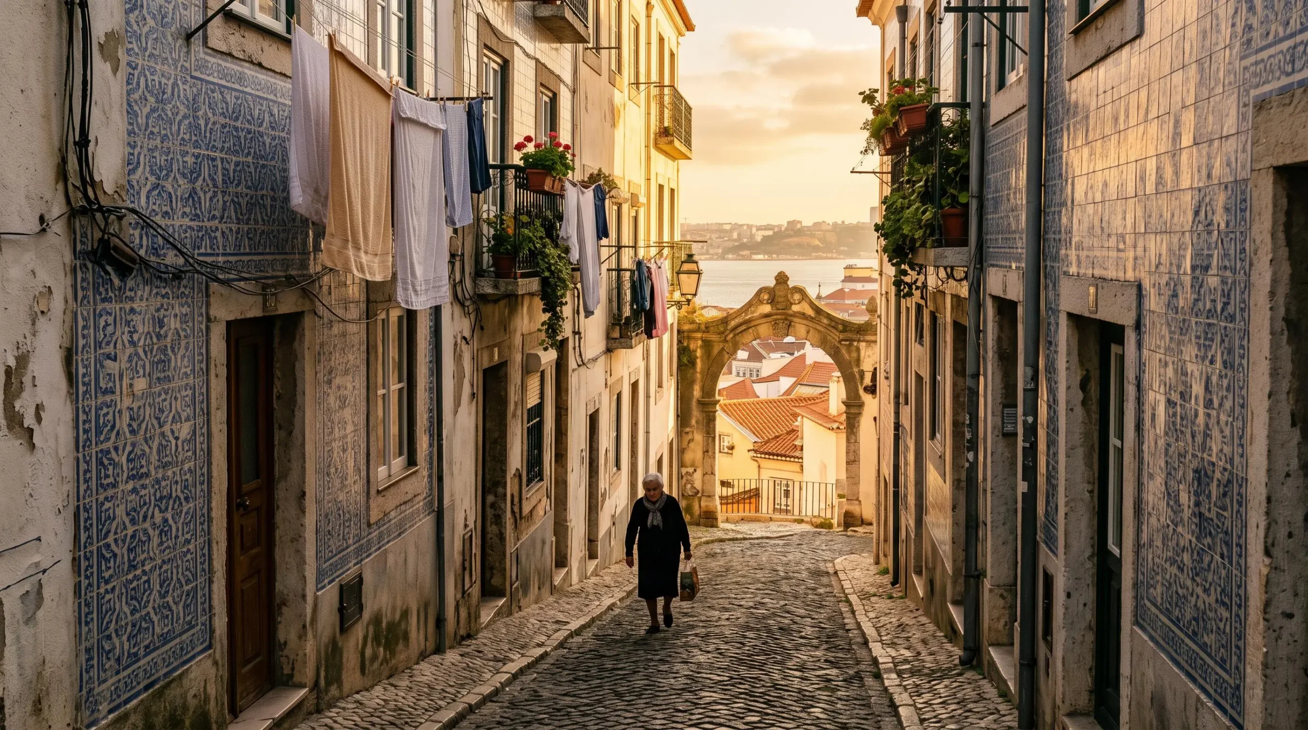 Ruelle typique de l'Alfama à Lisbonne au lever du jour, avec façades couvertes d'azulejos et linge suspendu, incarnant l'authenticité de la culture portugaise