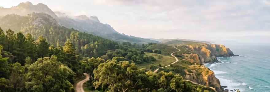 Paysage portugais illustrant la diversité entre montagnes vertes, forêts et côte atlantique sauvage
