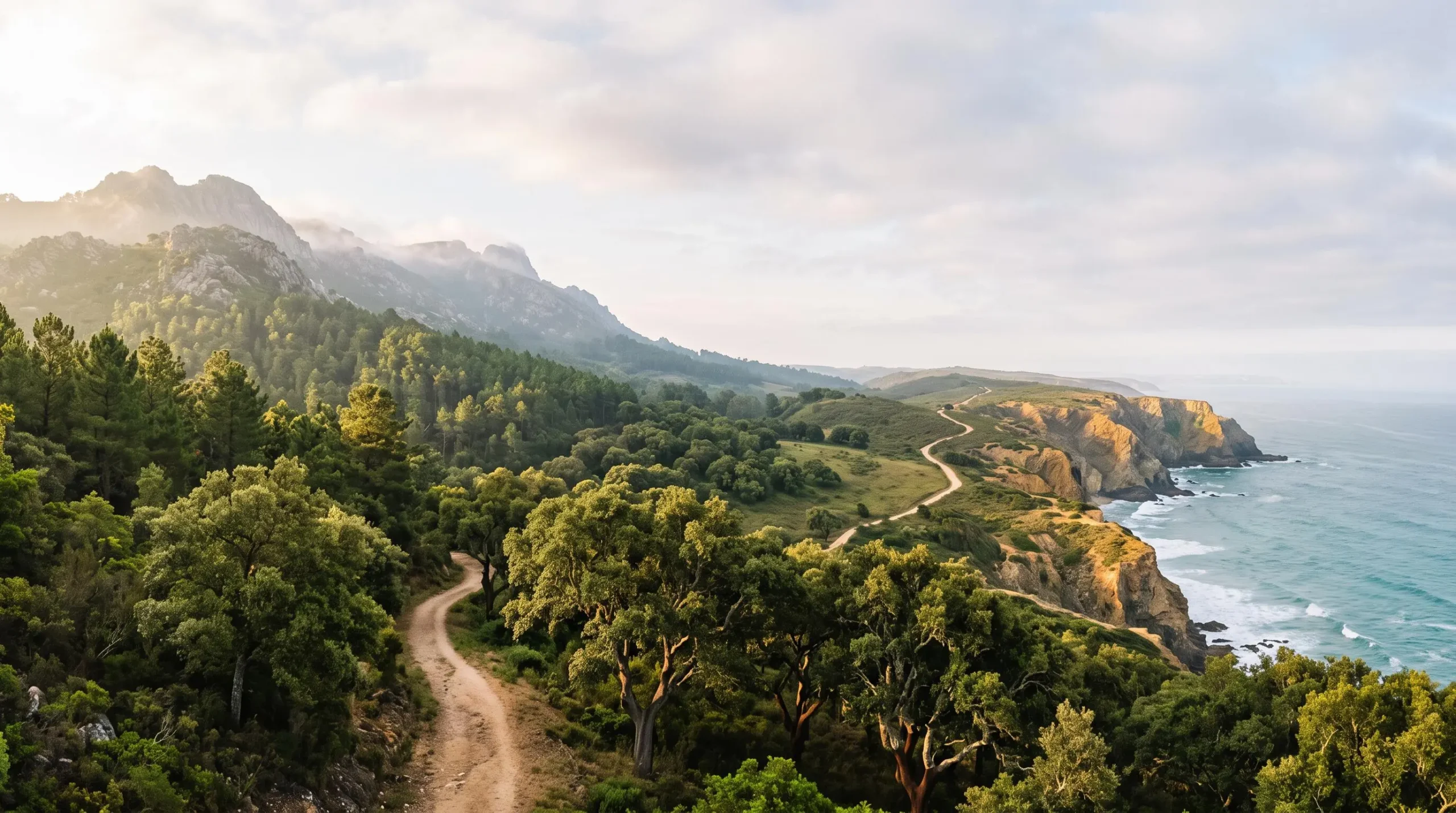 Paysage portugais illustrant la diversité entre montagnes vertes, forêts et côte atlantique sauvage