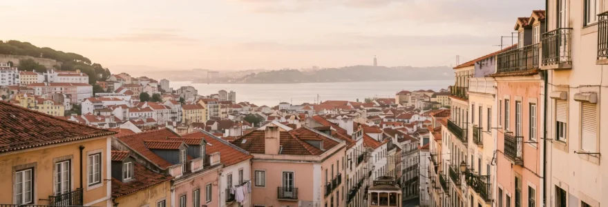 Vue panoramique editoriale de Lisbonne au lever du jour, toits colores et tramway jaune sur une colline pavee