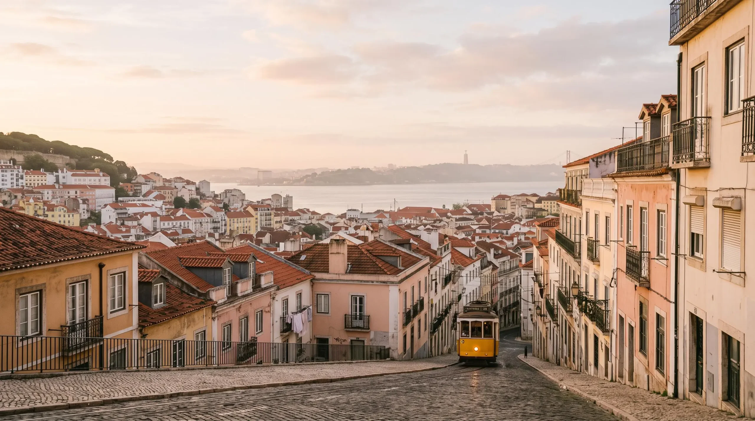 Vue panoramique editoriale de Lisbonne au lever du jour, toits colores et tramway jaune sur une colline pavee