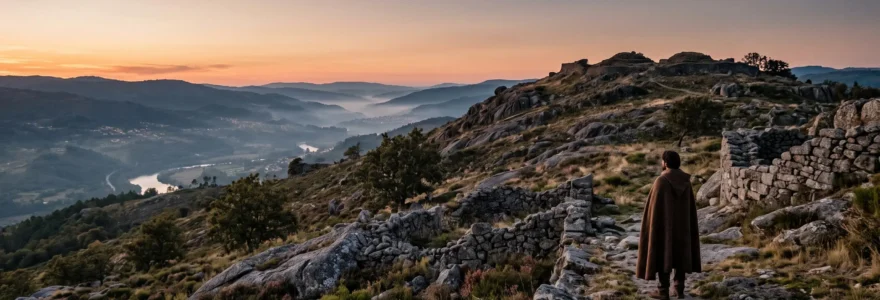 Paysage sauvage du nord du Portugal au crepuscule evoquant l'esprit ancestral des Lusitaniens