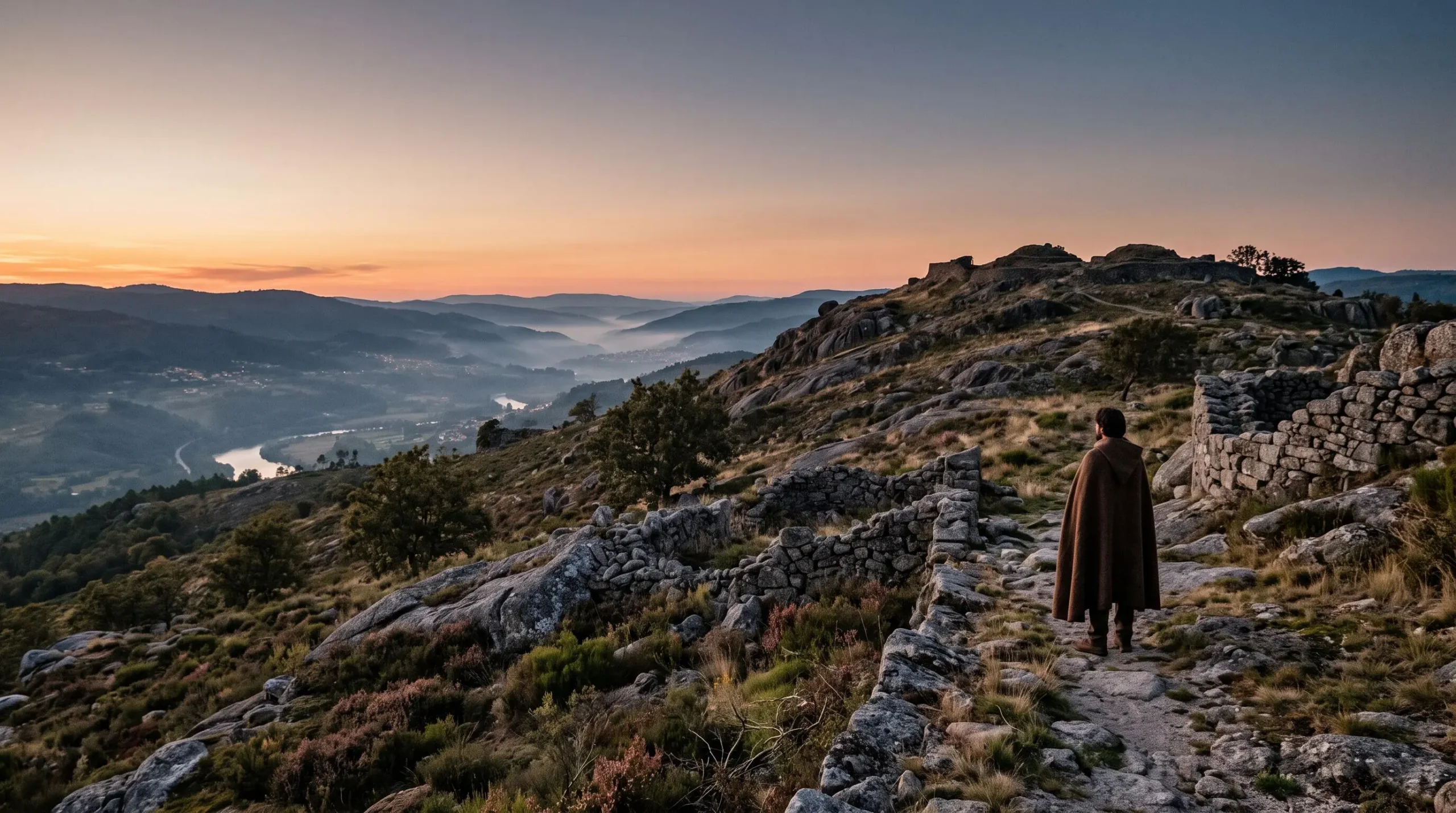 Paysage sauvage du nord du Portugal au crepuscule evoquant l'esprit ancestral des Lusitaniens