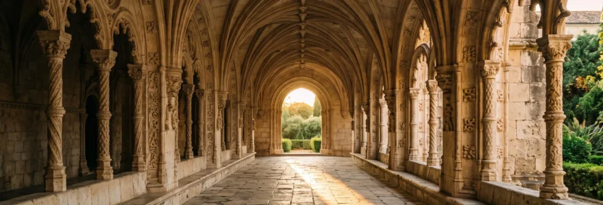 Cloître en pierre calcaire sculptée d'un monastère portugais baigné de lumière dorée, mêlant arcs gothiques et motifs manuélins