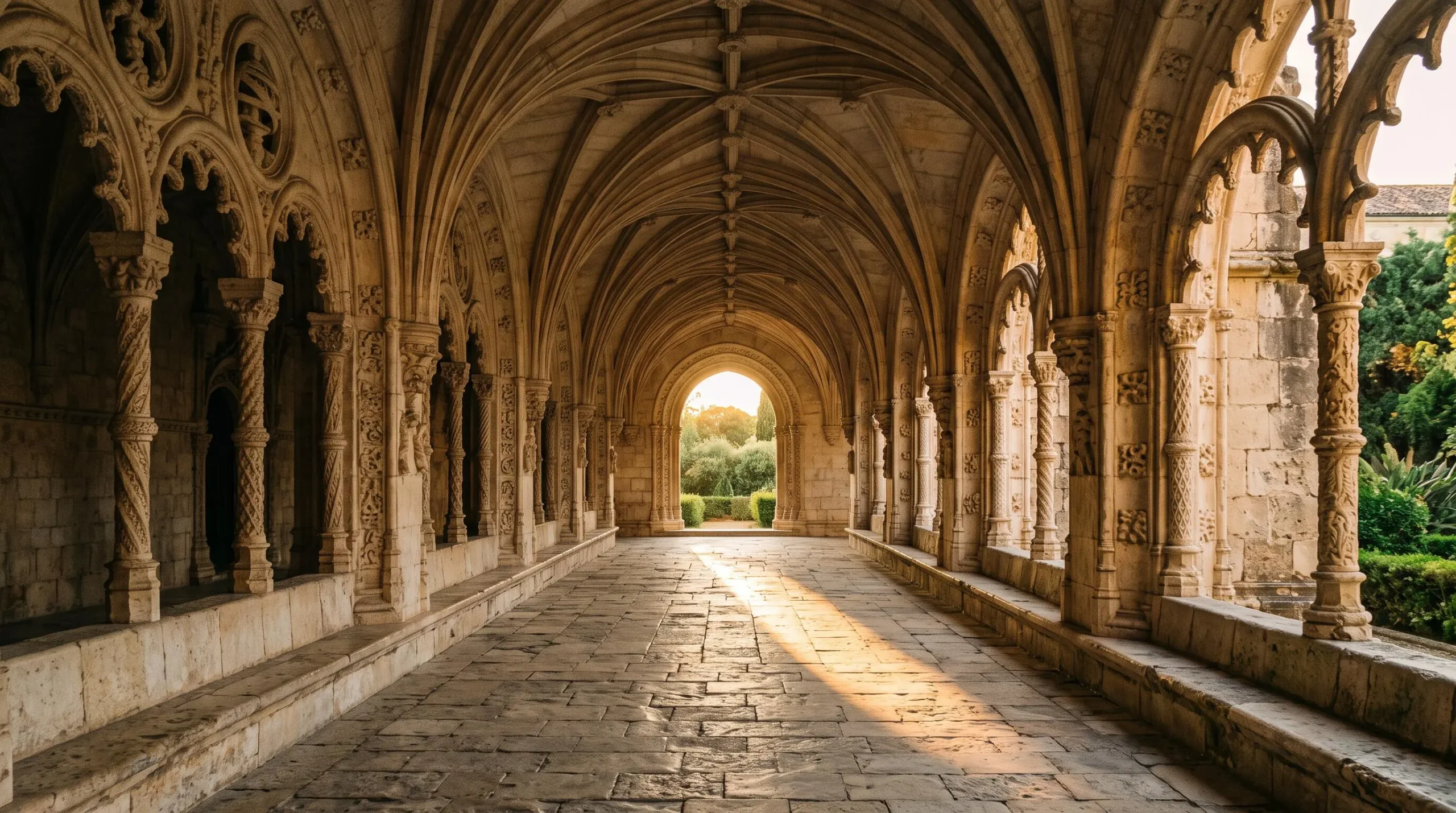 Cloître en pierre calcaire sculptée d'un monastère portugais baigné de lumière dorée, mêlant arcs gothiques et motifs manuélins