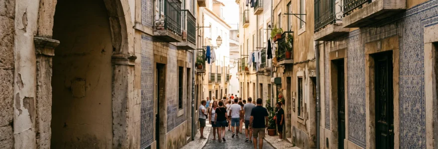 Une ruelle historique portugaise ornée d'azulejos anciens, contrastant avec un flux discret de visiteurs en arrière-plan, symbolisant l'équilibre entre patrimoine et tourisme