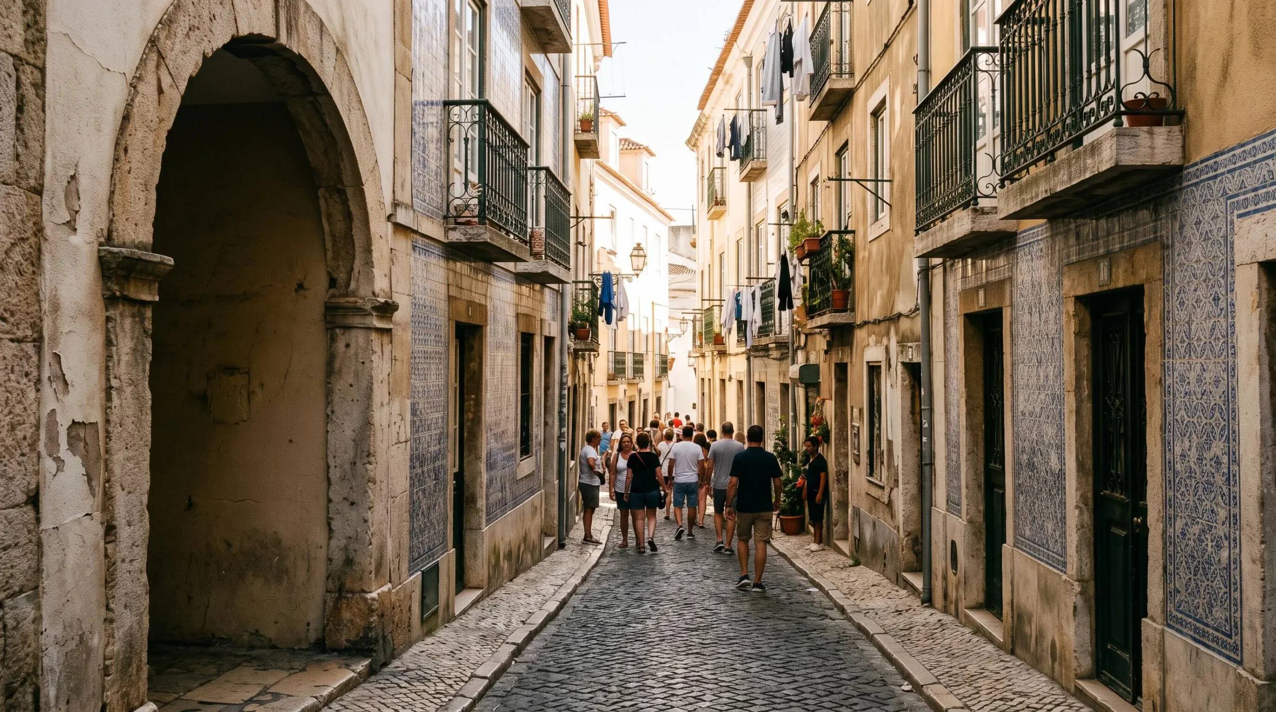 Une ruelle historique portugaise ornée d'azulejos anciens, contrastant avec un flux discret de visiteurs en arrière-plan, symbolisant l'équilibre entre patrimoine et tourisme